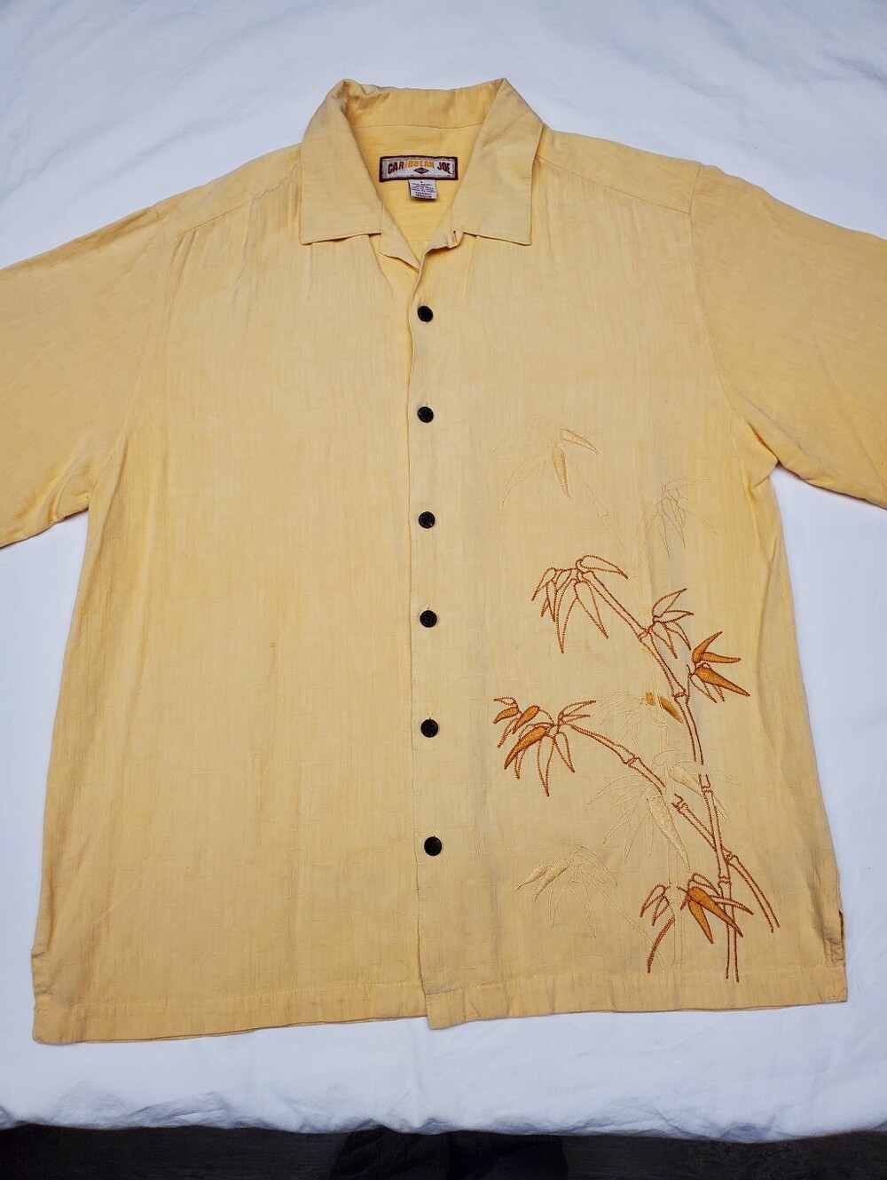 Caribbean Joe Mens L Rayon Camp Shirt Embroidered Bamboo Yellow Tropical